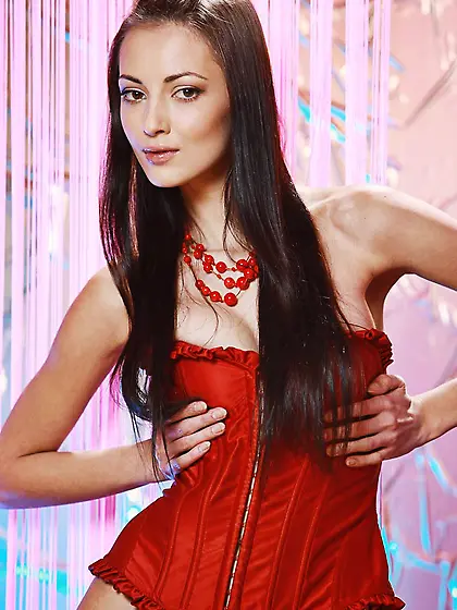 Babe in red lingerie Anna Aj is shaking small tits and waving cu