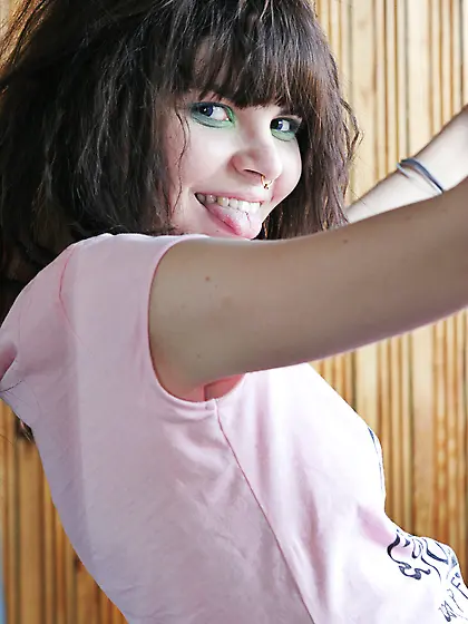 Seductive brunette emo girl Kaira 18 takes off her panties and s