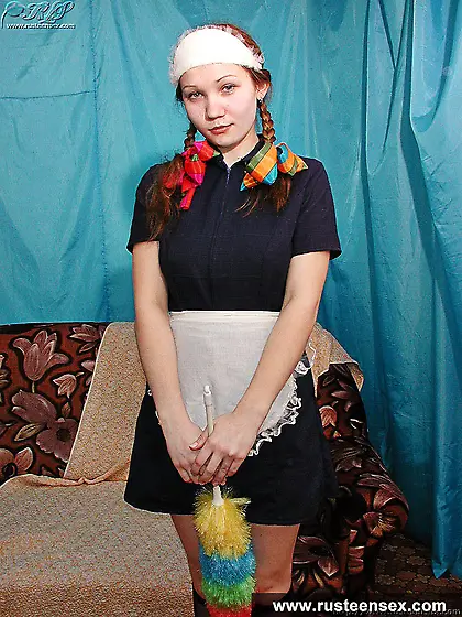 Russian teen brunette maid horny dust brush play
