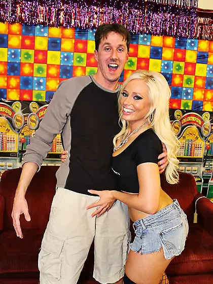 Pretty blonde Angelina Ash masturbates dick until it explodes in