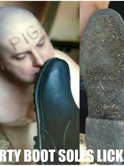 naked male slave pig licks riding boot