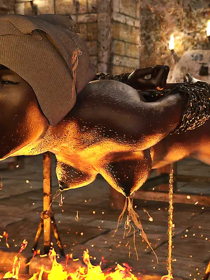 Black girl impaled,  spitroasting,  barbecue,  BBQ