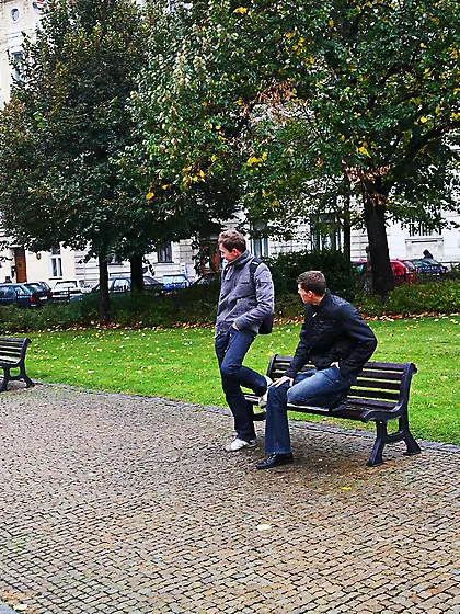 Two boys were sitting