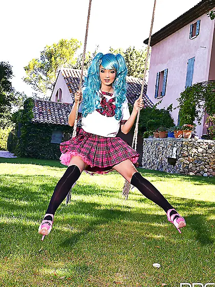 Cosplay whore with blue hair flashes immense babylons and pussy
