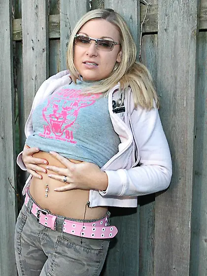 Big breasted blonde from Leia Loves You strips outdoors and show