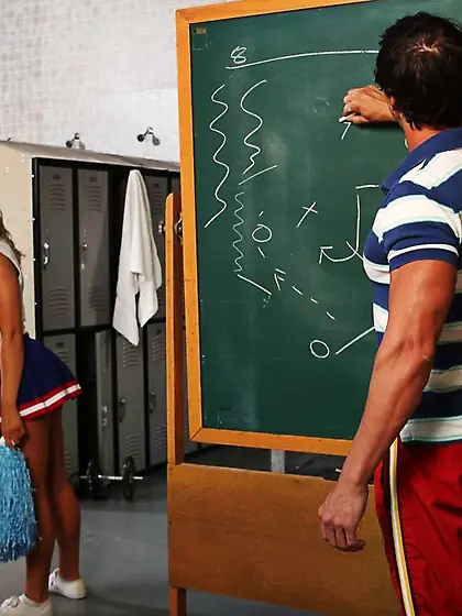 Pretty cheerleader Ally Kay getting roughly fucked in mouth and