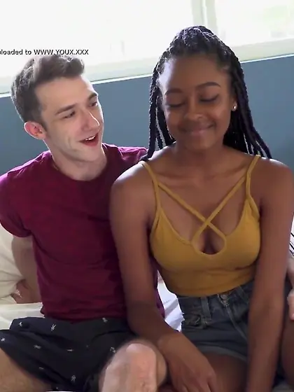 Beautiful ebony teen gets big white cock