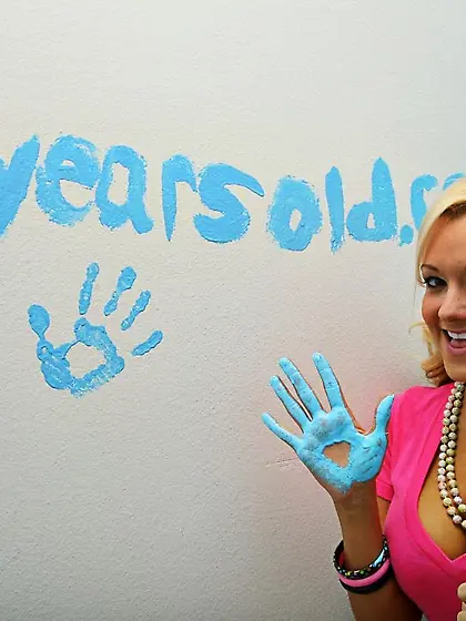 Blonde kitty Brandy Blair with big painted tits gets her juicy p