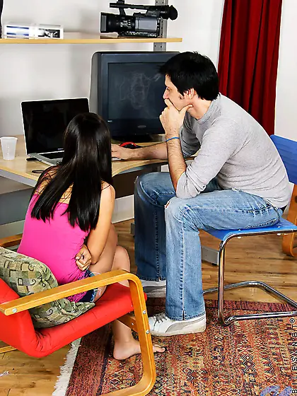 Petite dark haired teen Sasha Hall with tight shaved pussy gets