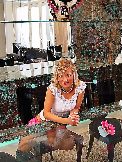 Classy blonde babe Princess Cameron takes off her clothes and fi