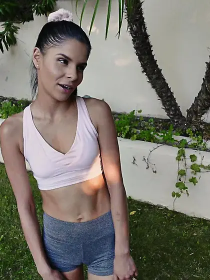 Tiny long-haired brunette enjoys