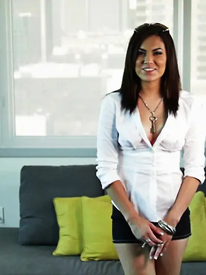 Arousing brunette gal happy