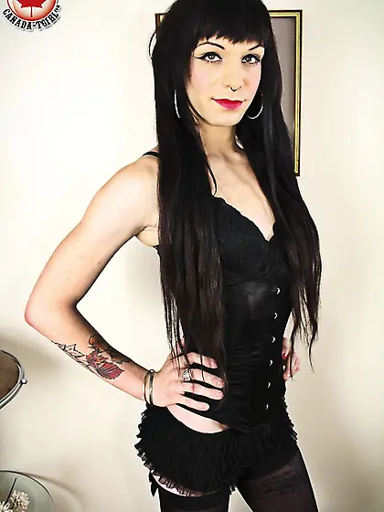 Long-haired brunette shemale sexy