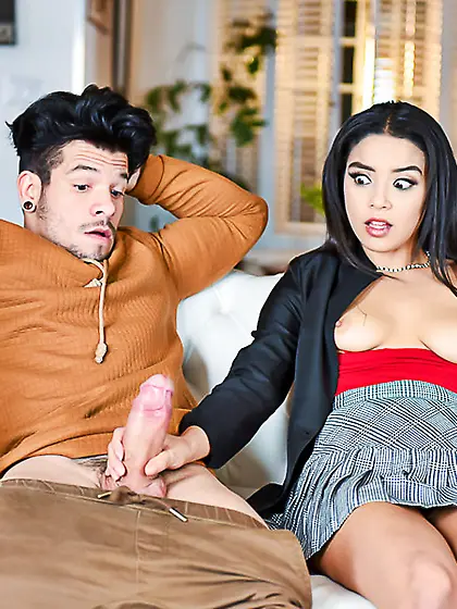 Maya Bijou sits her shaved pussy down on stepson's cock