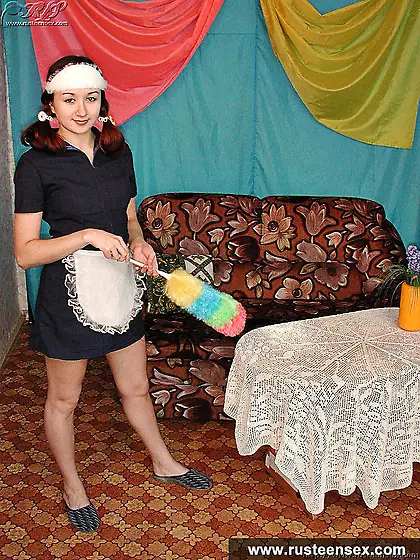 Teen brunette maid masturbates