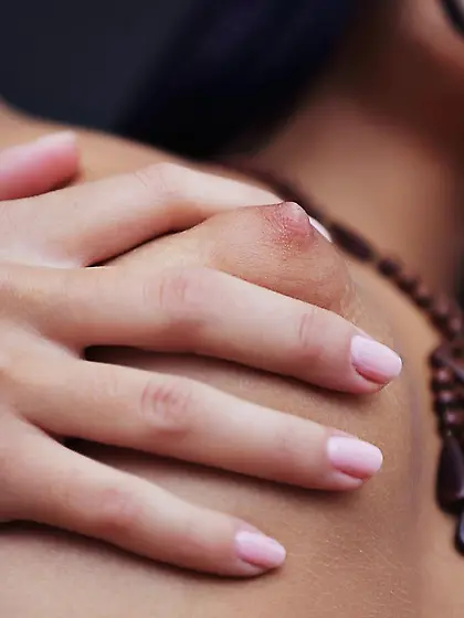 Superb babe Macy B takes it all off apart from her stockings and