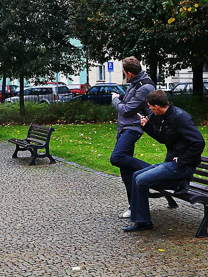 Two boys were sitting