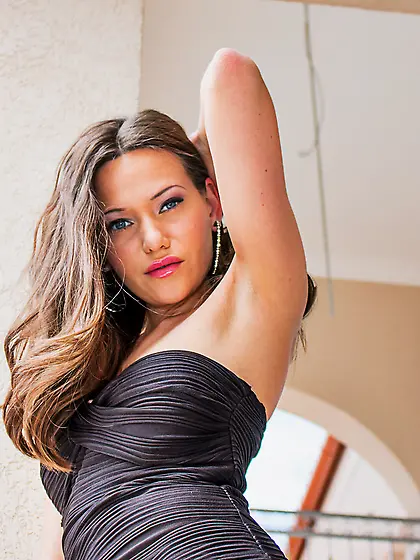 Black dress brunette spreading her shapely legs and fucking a to