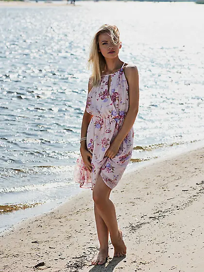 Fragile babe flashes tiny titties and small shaved pussy on the