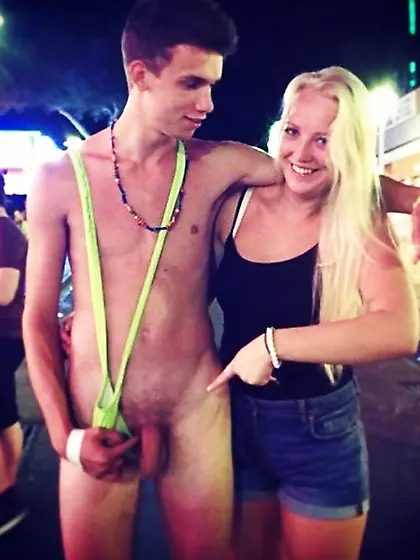 Chicks posing next to a jizz-shotgun