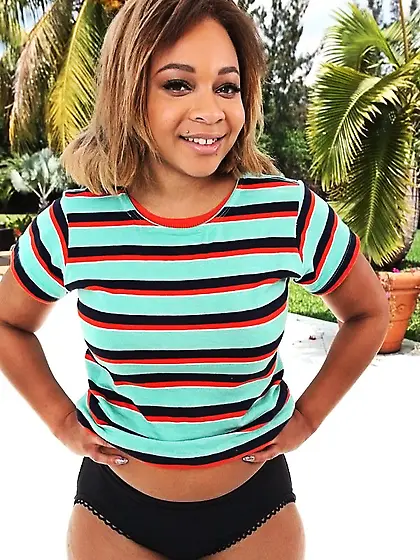 Striped get-up ebony teen gets brutally fucked on a big white be