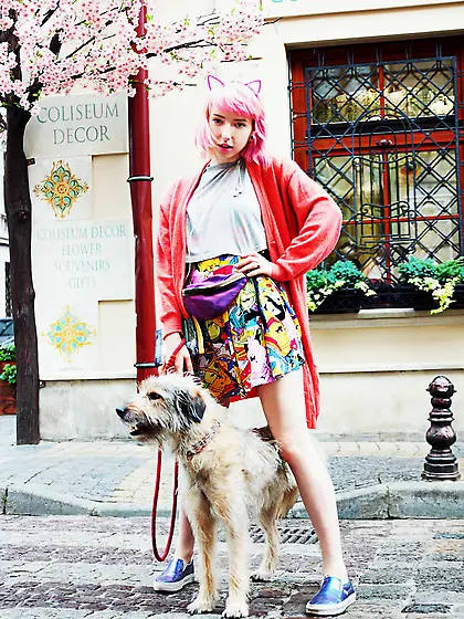 After walk with pretty dog pink-haired sexpot Cake relaxes naked