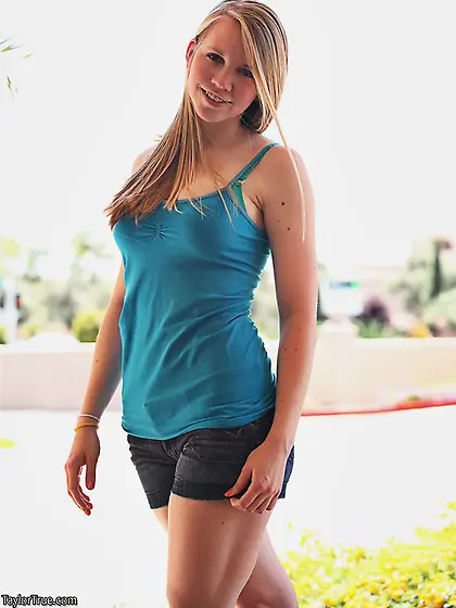 Perky teen chick Taylor True flashes her boobs outdoors and show