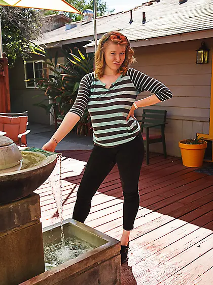Freckled redhead striped sweater