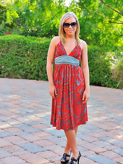 Ally Kay drops down her beautiful dress and masturbates with a b