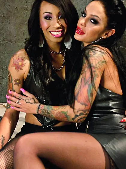 Tattooed t-girl black stockings