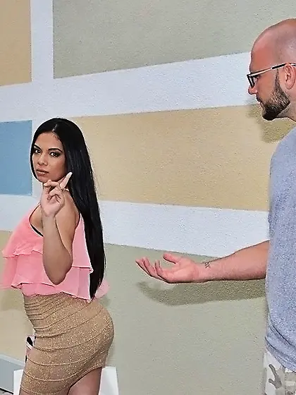 Adorable dark haired temptress seduces a well hung dude and gets