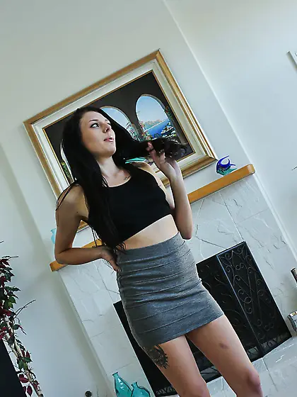 Megan Sage slowly sucks cock in POV while wearing a miniskirt an