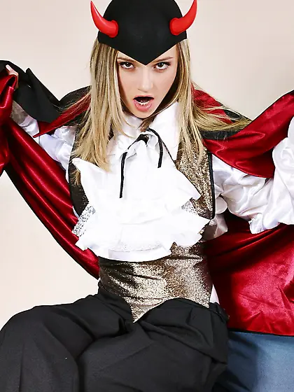 Horny blonde babe Kristina Fey strips her devil costume and show