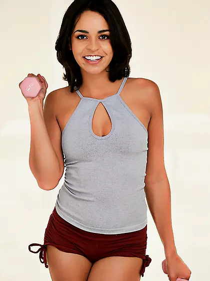 Slim brunette shows boobs