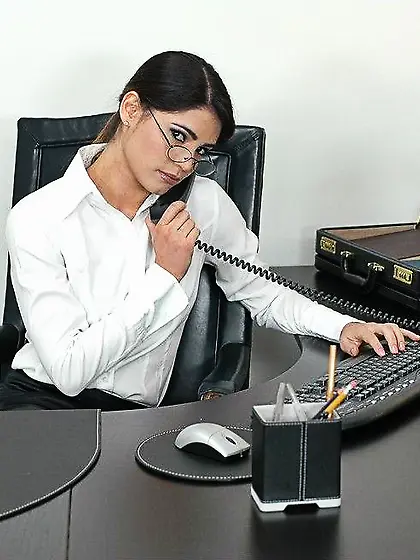 Aroused naughty secretary Paola Rey in white lace lingerie getti