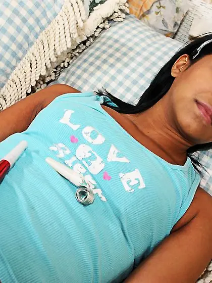 Sleeping latina Emy Reyes gets her shaved swarthy pussy toyed an