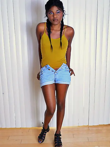 Small-tittied black teen with pigtails has tight pink vagina and