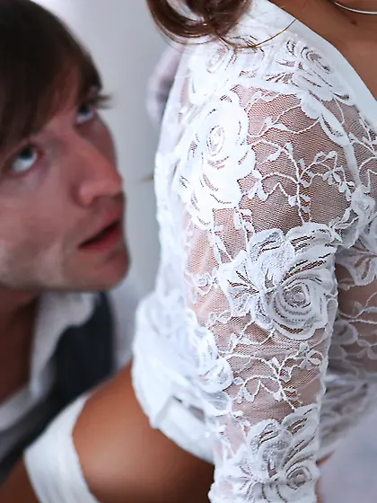 Busty lady in white lacy lingerie begs the dude to thrust his hu