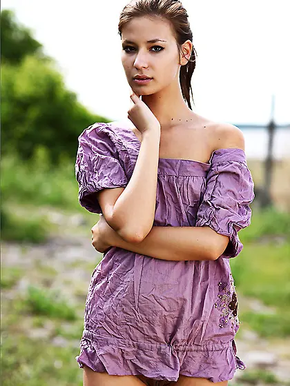 Just sweet brunette babe Irina J is getting her sexy light dress