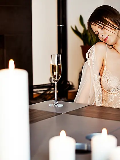 Busty brunette lacy peignoir