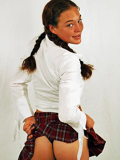 Nasty schoolgirl Ashley Gracie in braided pigtails gets her bald