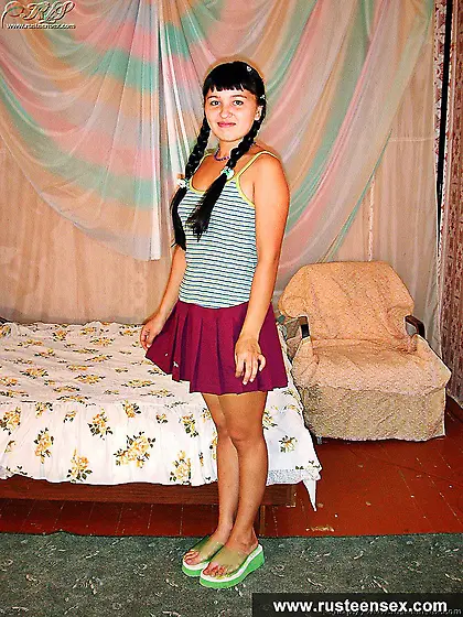 Russian teen brunette masturbating with dildo toy