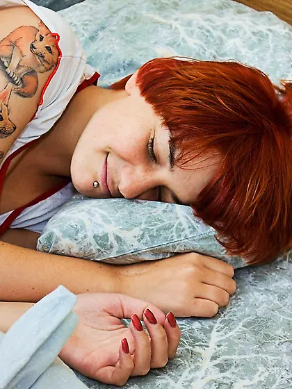 Cute redhead tattooed gal Red Maggie masturbates passionately al