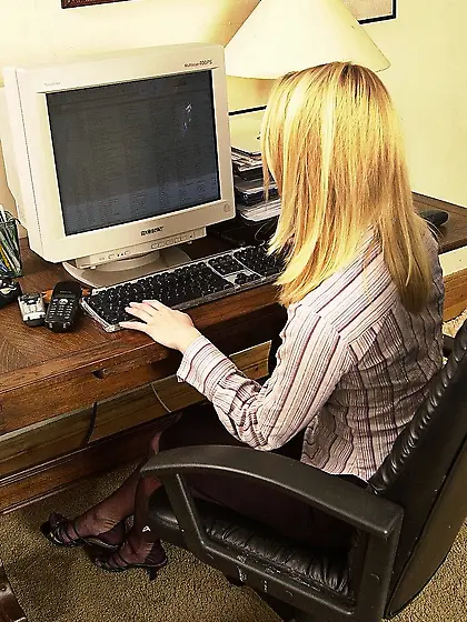 Blonde haired office lady Abigail strips and proves that she loo