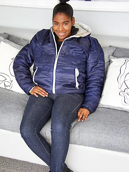 Amateur Ebony fatty in jeans unveils her impossibly-huge breasts