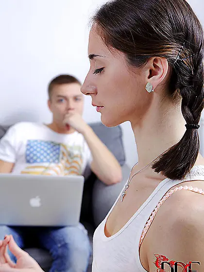 Lithe brunette teen chick Aruna Aghora seduced by her man who al