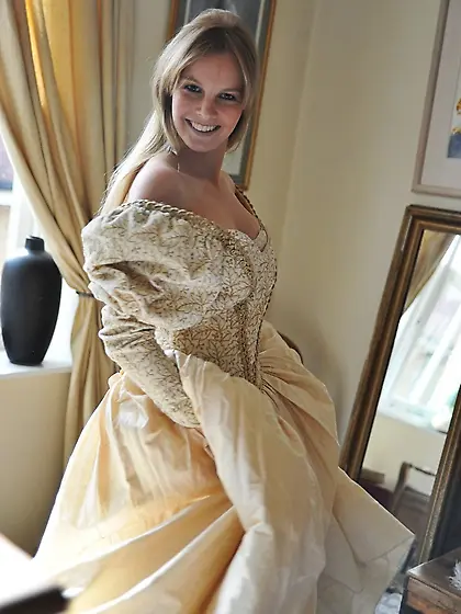 Gorgeous blonde discards vintage dress till she is left in corse
