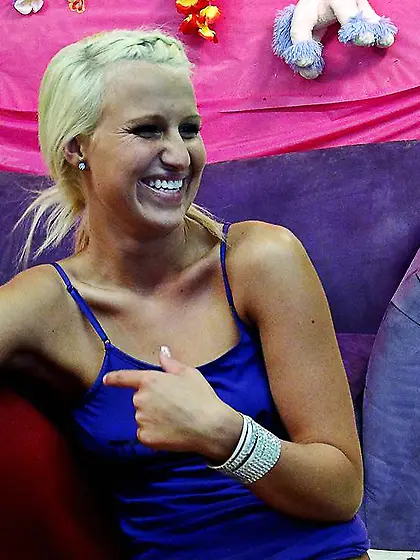 Naked blonde chick Destiny Jaymes with tiny ass swallows sperm a