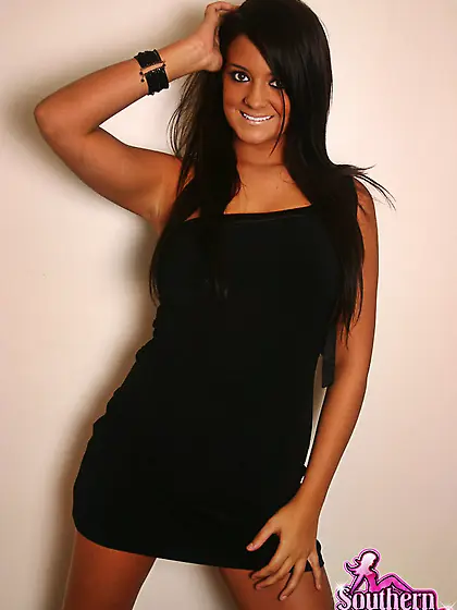 Slutty brunette gal Southern Brooke strips her black dress and t