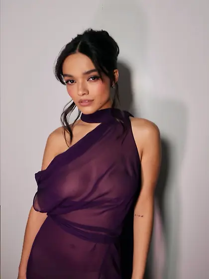 Rachel Zegler in sheer purple dress 12-04-2025